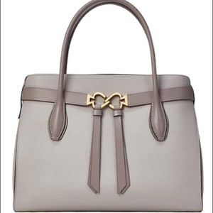 kate spade taupe and brown leather satchel with gold hardware